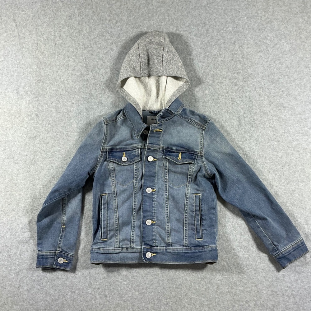Old Navy Kids Denim Jacket with Grey Hood Medium Wash Size M 8